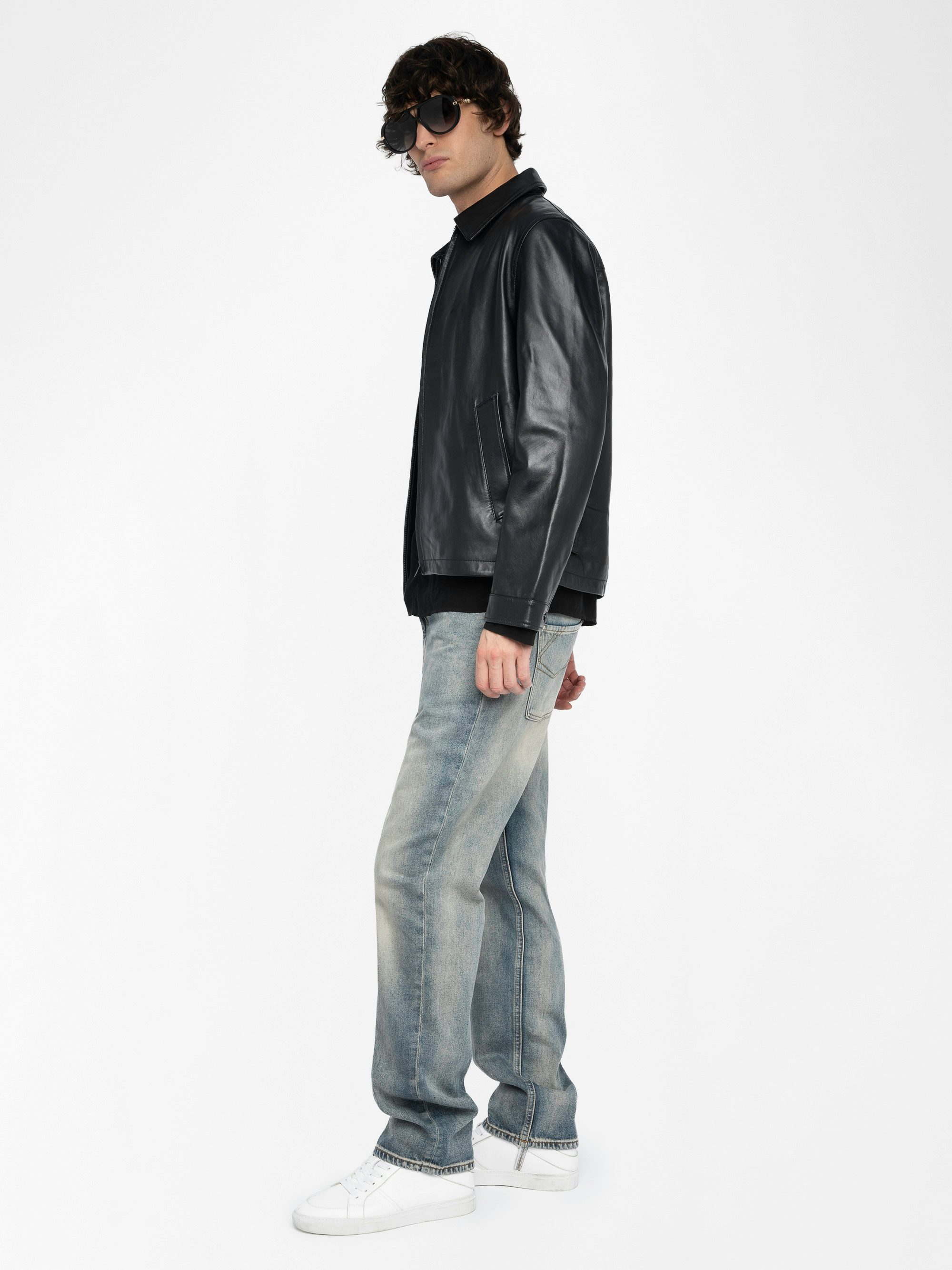 Loumy Leather Jacket - Sleek zip-up jacket in smooth leather with piped pockets and embossed wings signature on the back.